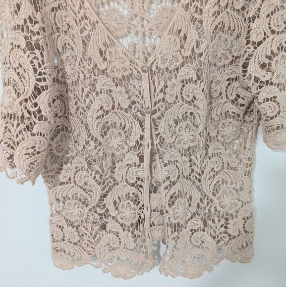 Vintage Y2K Open Crochet Short Sleeve Top Button Front Open Knit Beige Large L - Picture 3 of 7